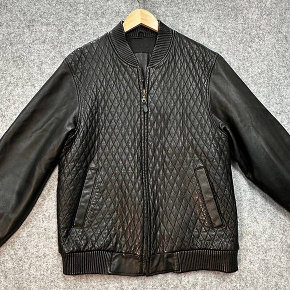 Rosleen Leather Bomber Jacket Mens S Black Quilted Front Full Zip Inner Pockets - Picture 2 of 16